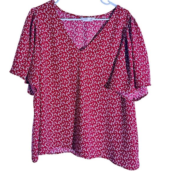 Lauren Conrad Red Heart Print Flutter Sleeve Blouse V-Neck Size XL - Picture 1 of 6
